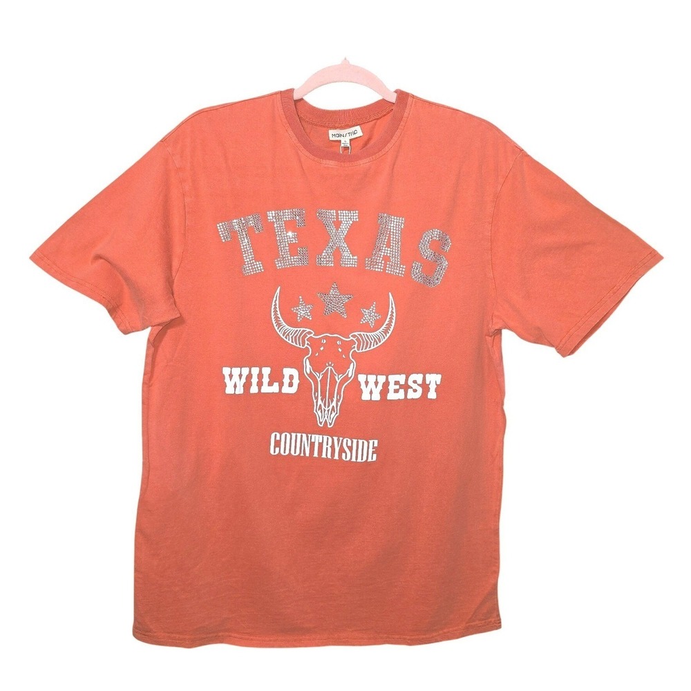 LARGE Main Strip Texas Wild West Rhinestone Tee Burnt Orange Western Game Day
